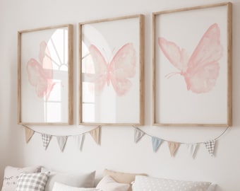 Kawaii room decor - Ballerina print - Butterfly poster - Butterfly canvas art - set of 3 Butterflies -  Nursery blush art