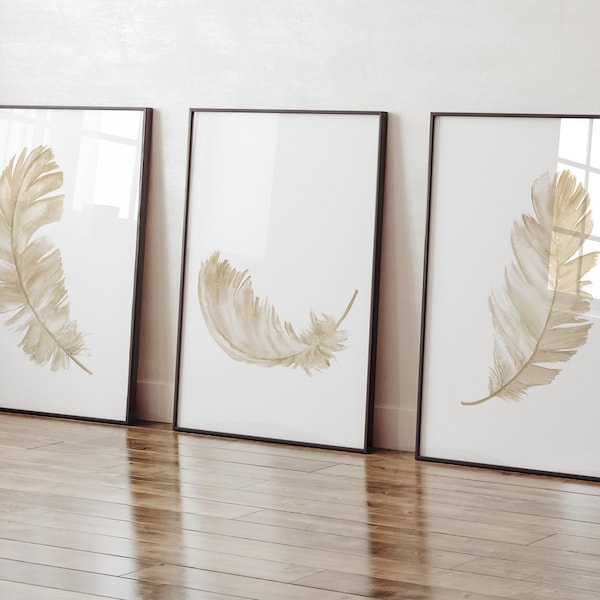 Feather Print Art Decor, Nursery Wall Art set of 3, Taupe Brown and Beige Poster, Minimalist Canvas Illustration, Birds Feather Artwork