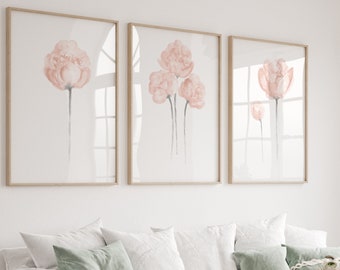 Fiori ad acquerello, dipinto ad acquerello di fiori in stile shabby chic, dipinto floreale di peonia per cameretta bambina, set di 3 peonie rosa cipria per la decorazione della casa