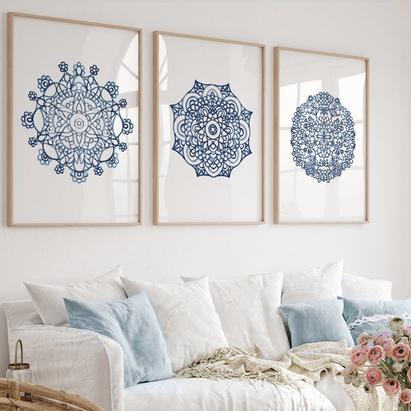 Mandala-Wandkunst-Set mit 3 Drucken, Marineblaues Mandala-Druck-Set mit 3 Drucken, Mandala-Wanddekoration, Wohndekoration, Yoga-Poster, Raumdekoration