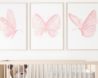 Pink Wall Art, Butterfly Print, Girls Bedroom Decor, Butterfly Wall Art, Butterfly Art Print, set of 3 Butterflies, Blush Pink Nursery Decor