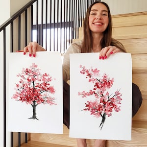 桜アート | 桜の絵画 | 木の枝アート | 春の花 | 水彩画のアートプリント 花の咲く木 | 花のアートワーク 2 点セット