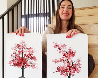 Art de la fleur de cerisier | Tableau Sakura | Art de branche d'arbre | Fleur de printemps | Impression d'art aquarelle arbre en fleurs | Ensemble de 2 oeuvres d'art florales