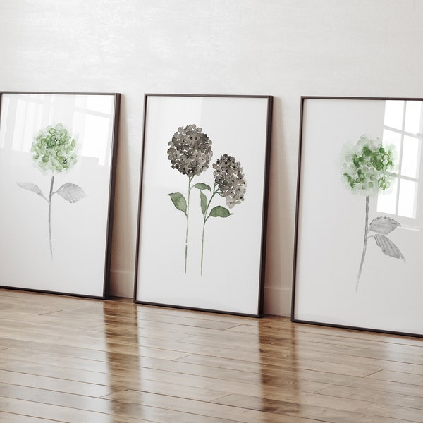 Watercolor Flowers - Hydrangea set of 3 - Brown and Green Decor - Floral Wall Art - Canvas Wall Decor - Living Room Poster