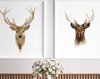 Deer Art Print, Deer Illustration set of 2 Prints, Deer Wall Decor, Deer Home Decor, Wildlife Living Room Poster, Print Wall Art