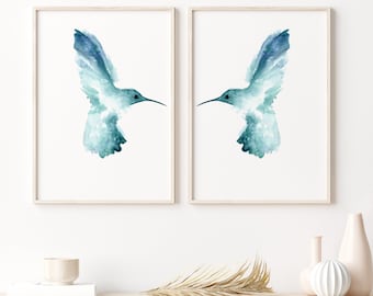 Hummingbird Art Print Set: Blue Watercolor Bird Wall Decor