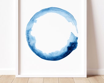 Zen Circle Artwork, Enso Wave Painting, Blue Watercolor Art, Minimalist Wall Decor, Abstract Blue Painting Living Room Poster, Surfing Print