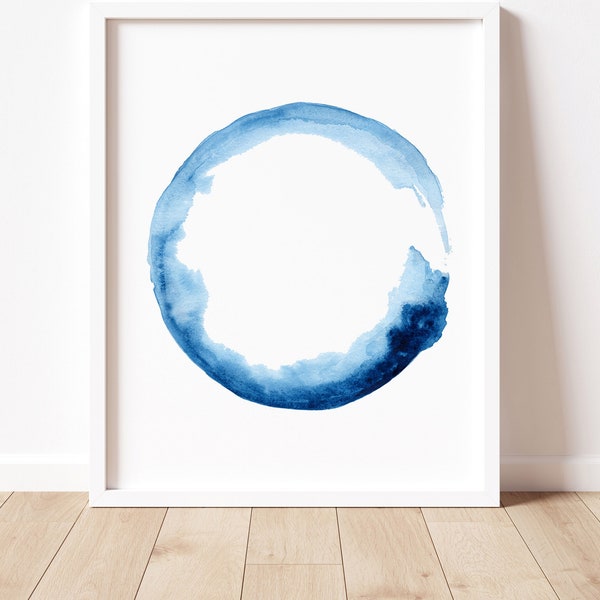 Oeuvre d'art cercle zen, peinture vague Enso, aquarelle bleue, décoration murale minimaliste, affiche de salon peinture bleue abstraite, impression surf