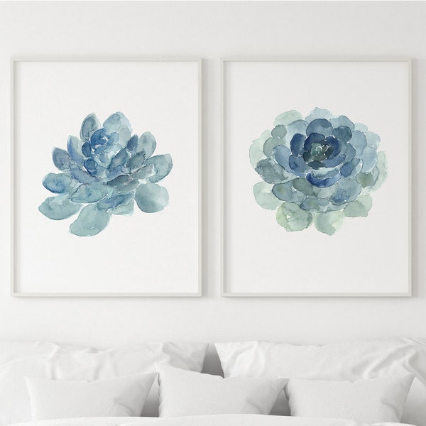 Blue Wall Art, Succulent Flower Painting, Modern Home Decor, Mother’s Day Gift Idea, Cactus set of 2 Prints, Botanical Poster