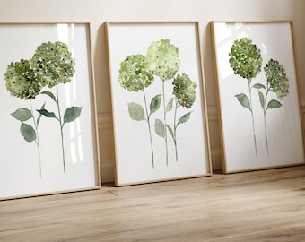 Hydrangea Art Print, Hydrangea Flower Emerald Green Wall Decor, Hydrangea Plant Centerpiece, Hortensia Flower set of 3 Print Wall Arts