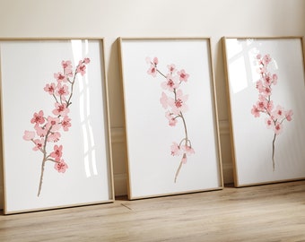 Cherry Blossom Illustration Blush Pink Cherry Branch Flowers Wall Art set 3 Print Paintings Modern Art Print, Canvas Nursery Wall Decor