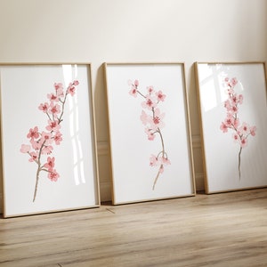 Cherry Blossom Illustration Blush Pink Cherry Branch Flowers Wall Art set 3 Print Paintings Modern Art Print, Canvas Nursery Wall Decor