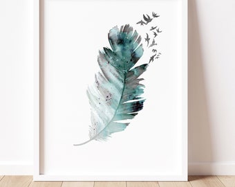 Feather and Birds Watercolor Print: Abstract Minimalist Wall Art
