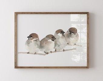 Poster di uccelli marroni, opera d'arte orizzontale, idea regalo con pittura ad acquerello, stampa artistica di una famiglia di 4 persone, grande tela da appendere al letto in stile fattoria