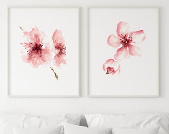 Cherry Blossom Watercolor Print Set: Modern Pink Floral Wall Decor