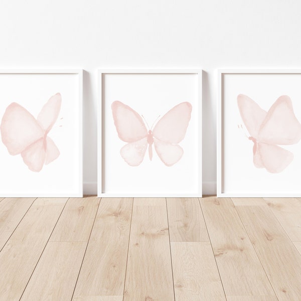 Butterfly Art Print, Blush Pink Nursery Art, set of 3 Prints, Baby Girl Nursery Decor, Kids Room Wall Art, Digital Pink Watercolor Painting