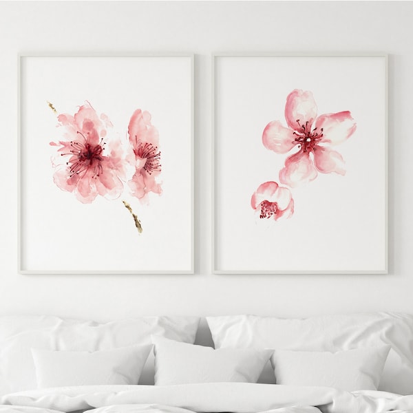 Kirschblüten-Wanddekor, Kirschblütendruck, extragroßes Set mit 2 Drucken, Kirschblütengemälde, modernes rosa Schlafzimmerdekor