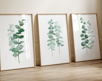 Watercolor Eucalyptus Painting set of 3, Mint Green Minimalist Print, Botanical Plant Living Room Decor, Silver Dollar Eucalyptus Prints