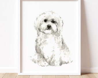 Malteser-Hund-Wandkunst, weißer Malteser-Terrier, abstraktes Hundeporträt, minimalistisches Kinderzimmer-Dekor, moderne Malerei, Wohnzimmer-Aquarell-Kunstwerk