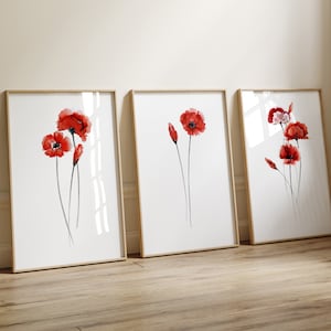 Poppy Art Decor, Red Floral Art, Poppy Abstract Painting, Flower Wall Decor, Living Room Artwork, Extra Large set of 3 Prints, Botanical Art