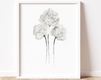 White Peony Flower, Minimalist Print Wall Art, Botanical Art Print, Flower Wall Decor, Peony Painting, Watercolor Flower