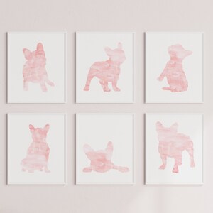 Regalos de perro Frenchie, impresión rosa rubor, cartel rosa rubor, conjunto de bulldog francés de 6, vivero rosa rubor, arte de pared francés, arte bulldog francés