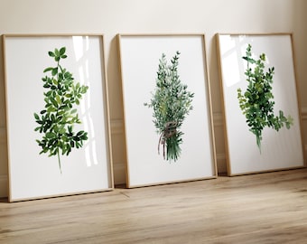 Herbs Wall Art, Abstract Decor Botanical Print, Minimalist Watercolor Painting, set of 3 Thyme Prints, Green Home Decor, Kitchen Poster