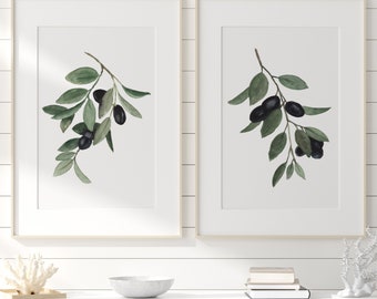 Olive Branch Art Print Set: Minimalist Botanical Kitchen Decor