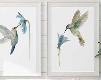 Hummingbird Green & Blue Flower Prints: Watercolor Painting, Set of 2