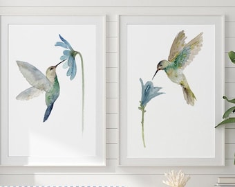 Hummingbird Wall Decor, Hummingbird Home Decor, Bird Art Print Blue Wall Decor, Green Flower Wall Art set of 2 Prints Watercolor Painting