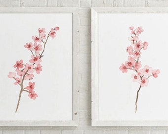 Cherry Blossom Print Wall Art,  Blush Pink Art Print, Cherry Blossom Branch Wall Decor, set of 2 Wall Art Prints