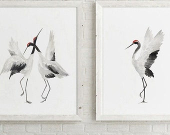日本の鶴の水彩画アートプリント：モダンな鳥の水彩画 / ミニマリスト