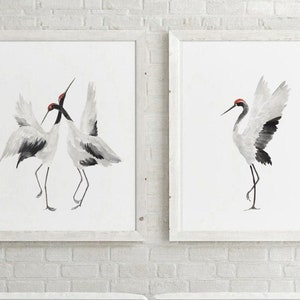 Crane Painting, Crane Print, Lake Bird Wall Art, Crane Wall Decor, Crane Wall Art, White Crane Bird, set of 2 Extra Large Cranes
