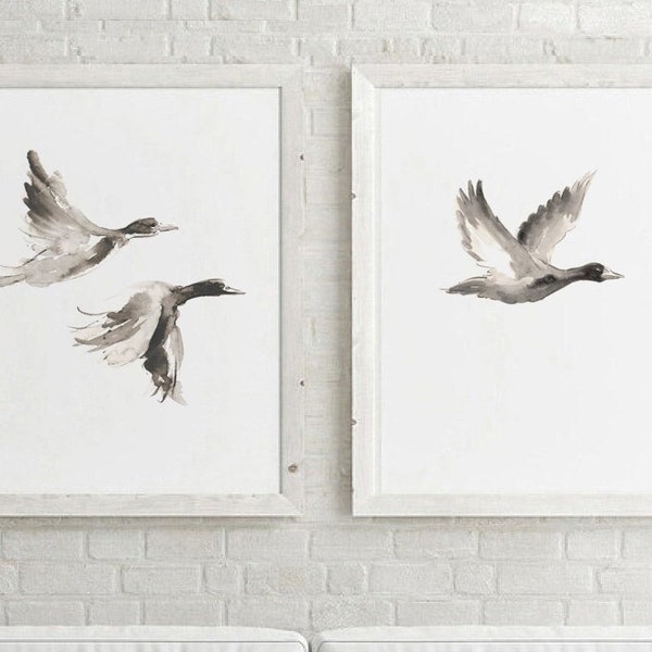 Ducks Flying, Lake Bird Modern Artwork, Minimalist Painting, Living Room Tupe Home Decor, Beige set of 2 Extra Large Art Prints