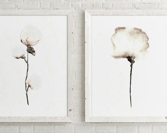 Cotton Wall Art, Cotton Art Print, Floral Painting, Cotton Home Decor, Cotton Wall Decor, White Home Decor set of 2 Cotton