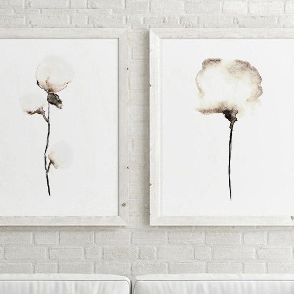 Floral Cotton Painting Art Print Set: White Home Decor