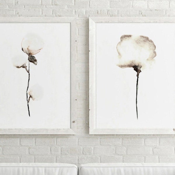 Cotton Wall Art, Cotton Art Print, Floral Painting, Cotton Home Decor, Cotton Wall Decor, White Home Decor set of 2 Cotton