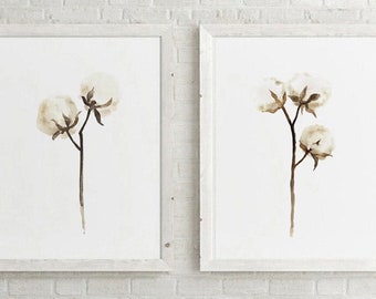 Print Wall Art Natural, Cotton Wall Art, Cotton Art Print, Botanical Wall Decor, Cottom Stems, set of 2 Cotton Flowers Minimalist Home Decor