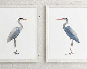 Heron Wall Art, Heron Print, Heron Art, Blue Heron set of 2 Birds, Egret Print Painting Lake Bird Print, Bird Art Print