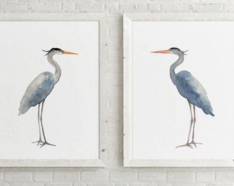 Heron Wall Art, Heron Print, Heron Art, Blue Heron set of 2 Birds, Egret Print Painting Lake Bird Print, Bird Art Print