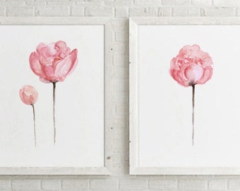 Peony Wall Art, Peony Prints, Peony Art, Pink Peony Gray Peony Print, Flower Print, Modern Botanical Prints set of 2