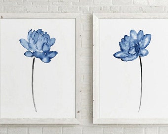 Blue Flower Watercolor, set of 2 Modern Artwork, Minimalist Painting Abstract Wall Art, Navy Floral Illustration Botanical Art Print Decor