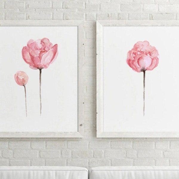 Pink & Gray Peony Art Prints: Modern Botanical Set of 2