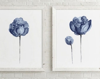 Navy Peony Painting, Watercolor Abstract Flower, Minimalist Botanical Art, Modern Artwork set of 2, Watercolor Living Room Decor, Blue Print