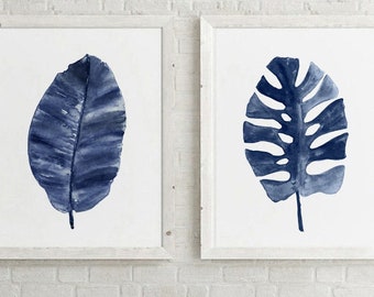 Blue Exotic Leaf, Extra Large Painting, Watercolor Painting, set of 2 Botanical Prints, Minimalist Wall Decor, Two Paintings Palm Leaf Decor