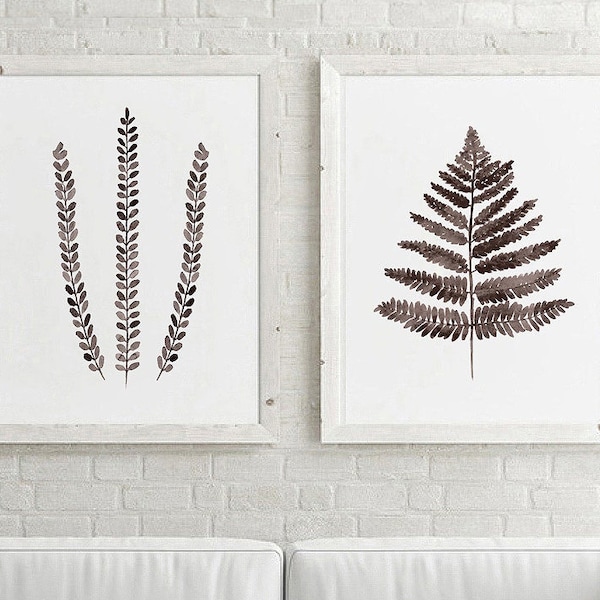 Fern Watercolor, Brown Wall Decor, Extra Large set of 2 Prints, Minimalist Prints Modern Wall Decor, Botanical Poster, Abstract Art