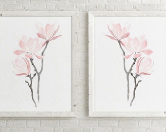 Pink Flower Poster, Wedding Style Abstract Wall Art, Modern Floral Illustration, Botanical Art Print, Living Room Decor, Magnolia Painting