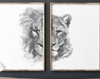 Lion Lioness Zodiac Drawing Black White Illustration Animal Art Print Africa Head Nursery Kids Room Decor, Bedroom Poster set 2 HIM HER