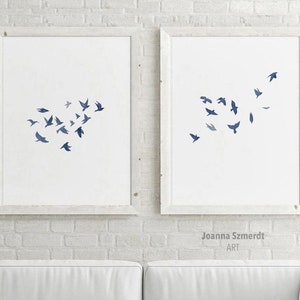 Flying Blue Birds Set of 2 Watercolor Prints | Peaceful Flock of Birds Wall Art for Coastal & Minimalist Decor | 2-Part Blue Bird Artwork