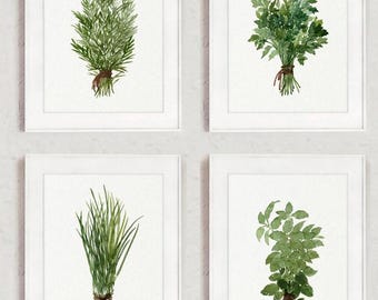 Kräuter Wand Kunst 4er Set, Aquarell Kräuter Drucke, Küche Botanische Poster, Grünes Kulinarisches Kraut Dekor
